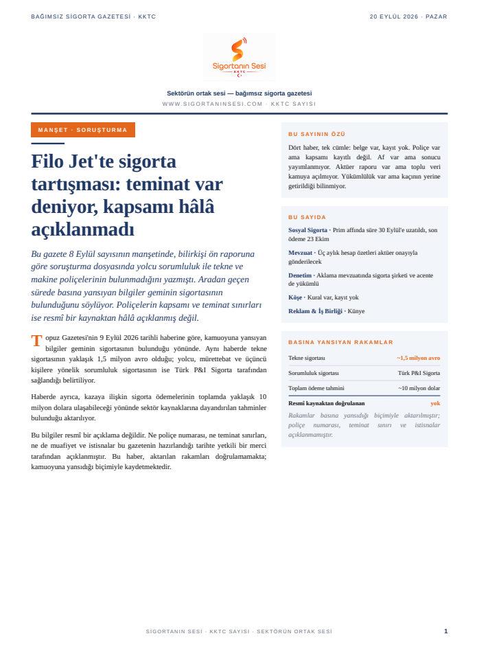 Sigortanın Sesi — KKTC — 20 Eylül 2026 kapağı